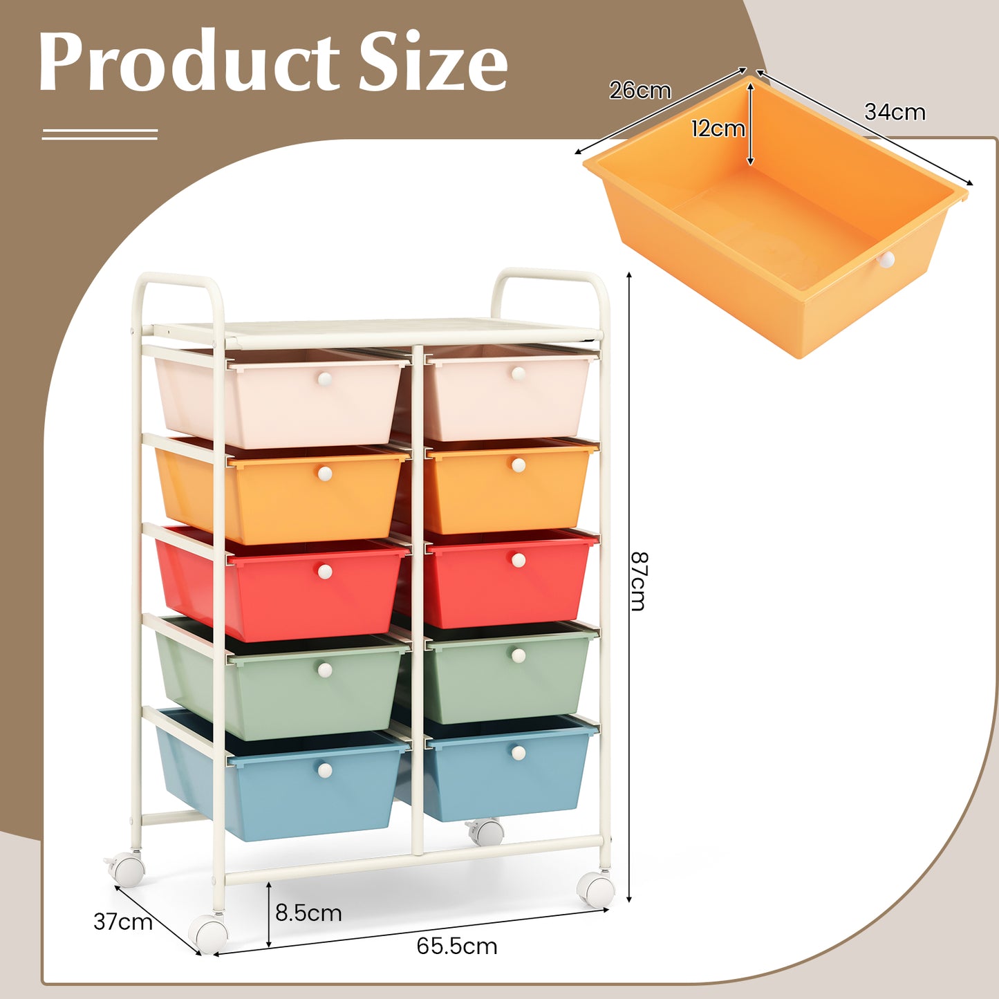 Storage Rolling Cart with 10-Drawer for Tools Scrapbook Paper Organising-Colourful