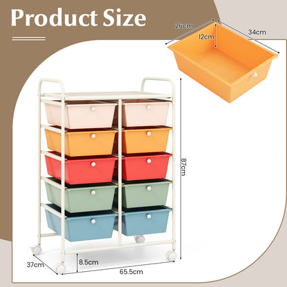 Storage Rolling Cart with 10-Drawer for Tools Scrapbook Paper Organising-Colourful