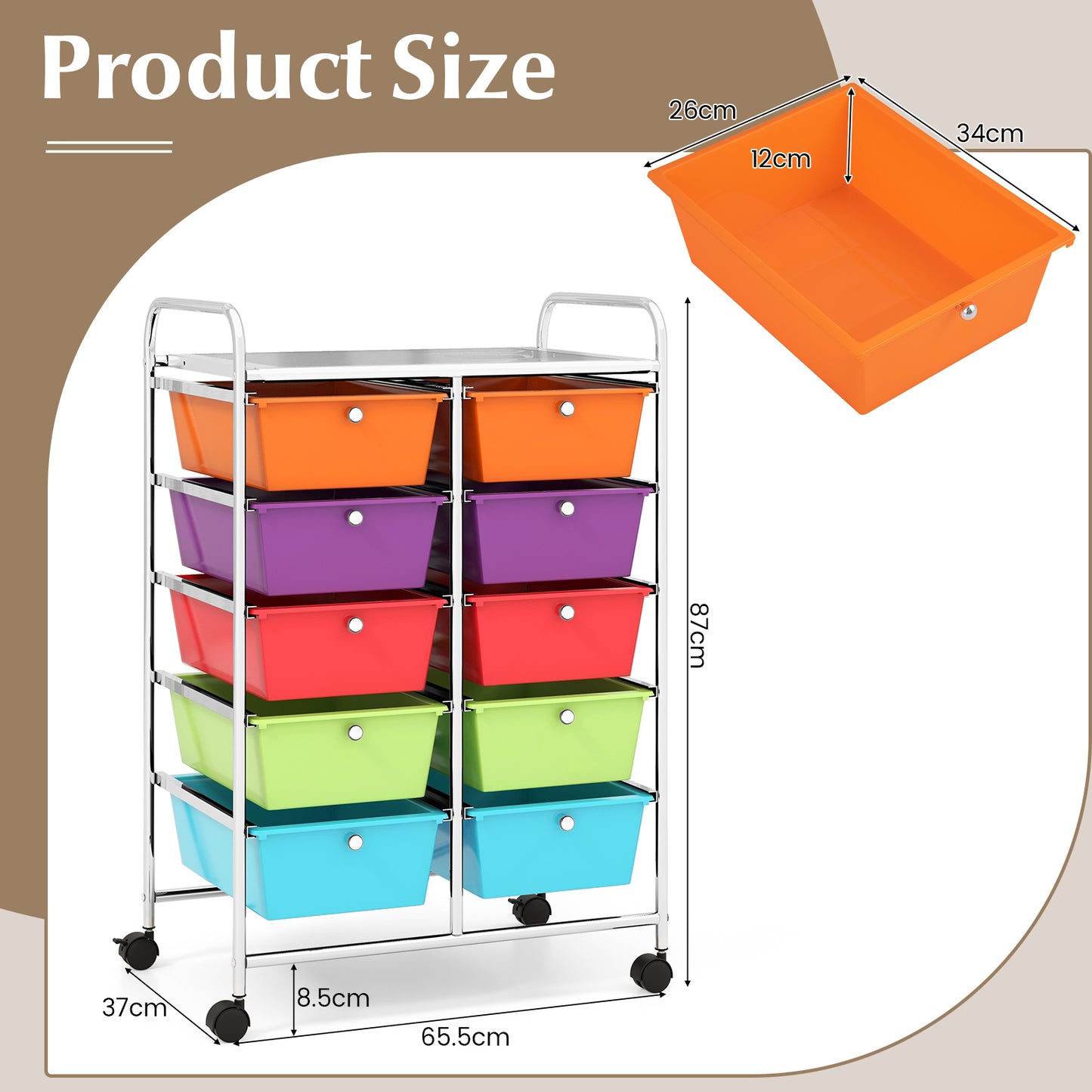 Storage Rolling Cart with 10-Drawer for Tools Scrapbook Paper Organising-Multicolor