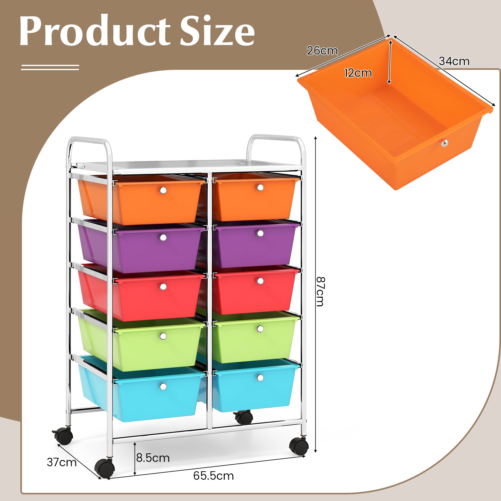 Storage Rolling Cart with 10-Drawer for Tools Scrapbook Paper Organising-Multicolor