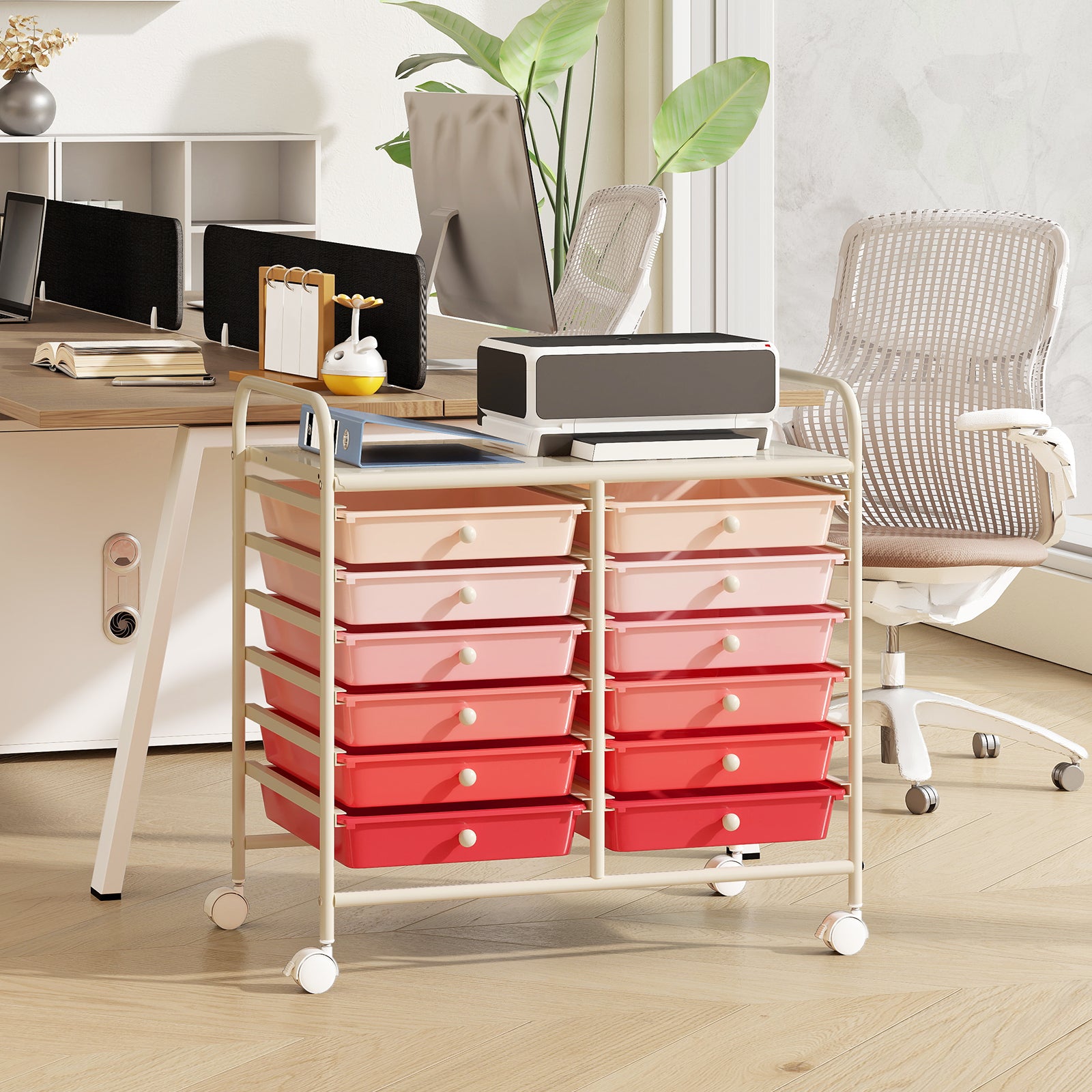 Storage Rolling Cart with Drawer and Large Countertop Side Handles-Gradient Pink