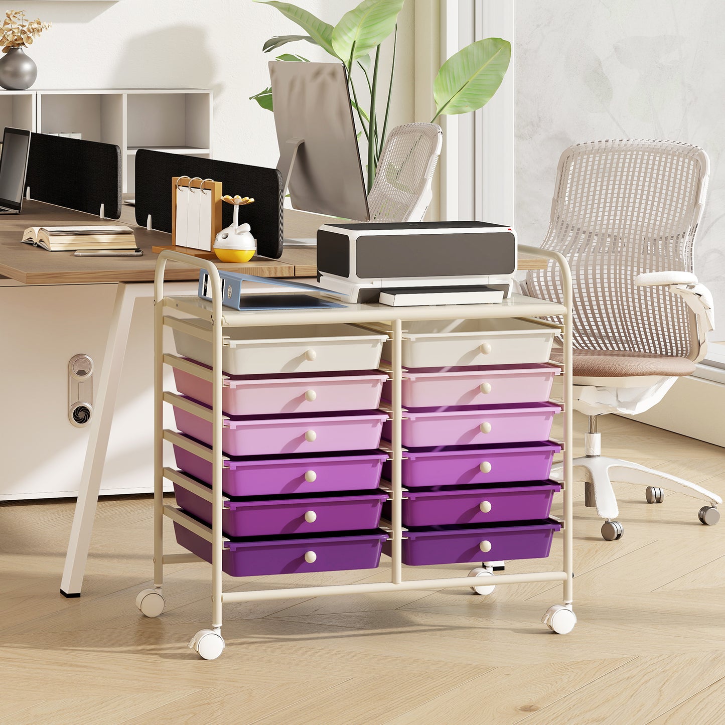 Storage Rolling Cart with Drawer and Large Countertop Side Handles-Purple