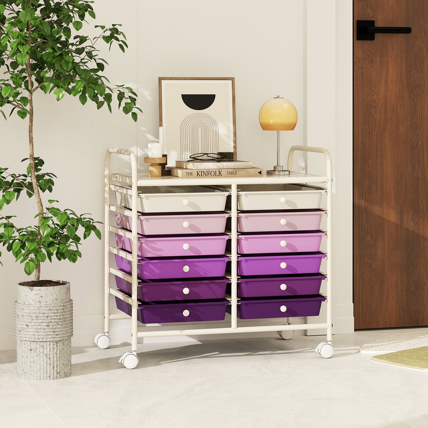 Storage Rolling Cart with Drawer and Large Countertop Side Handles-Purple