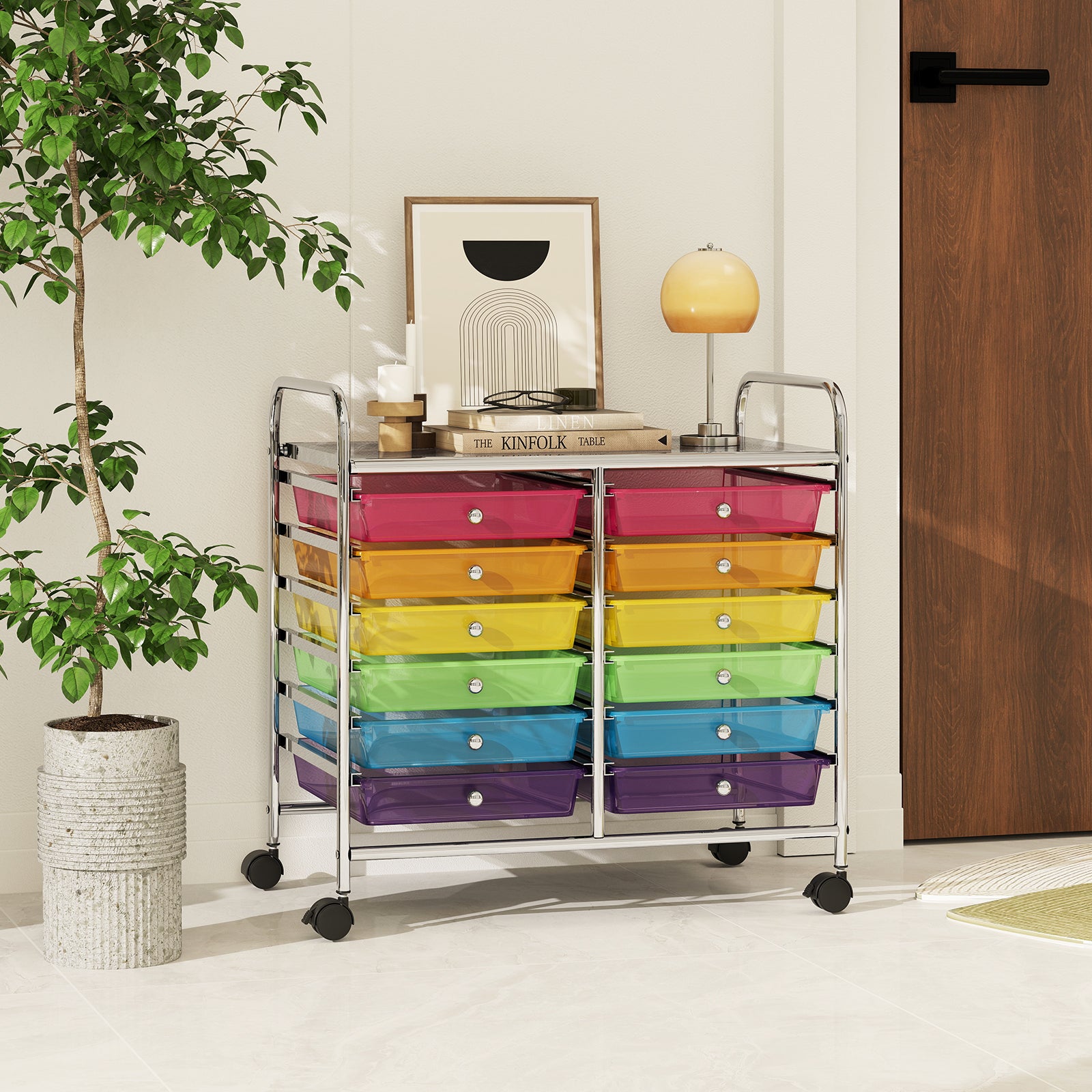 Storage Rolling Cart with Drawer and Large Countertop Side Handles-Colourful