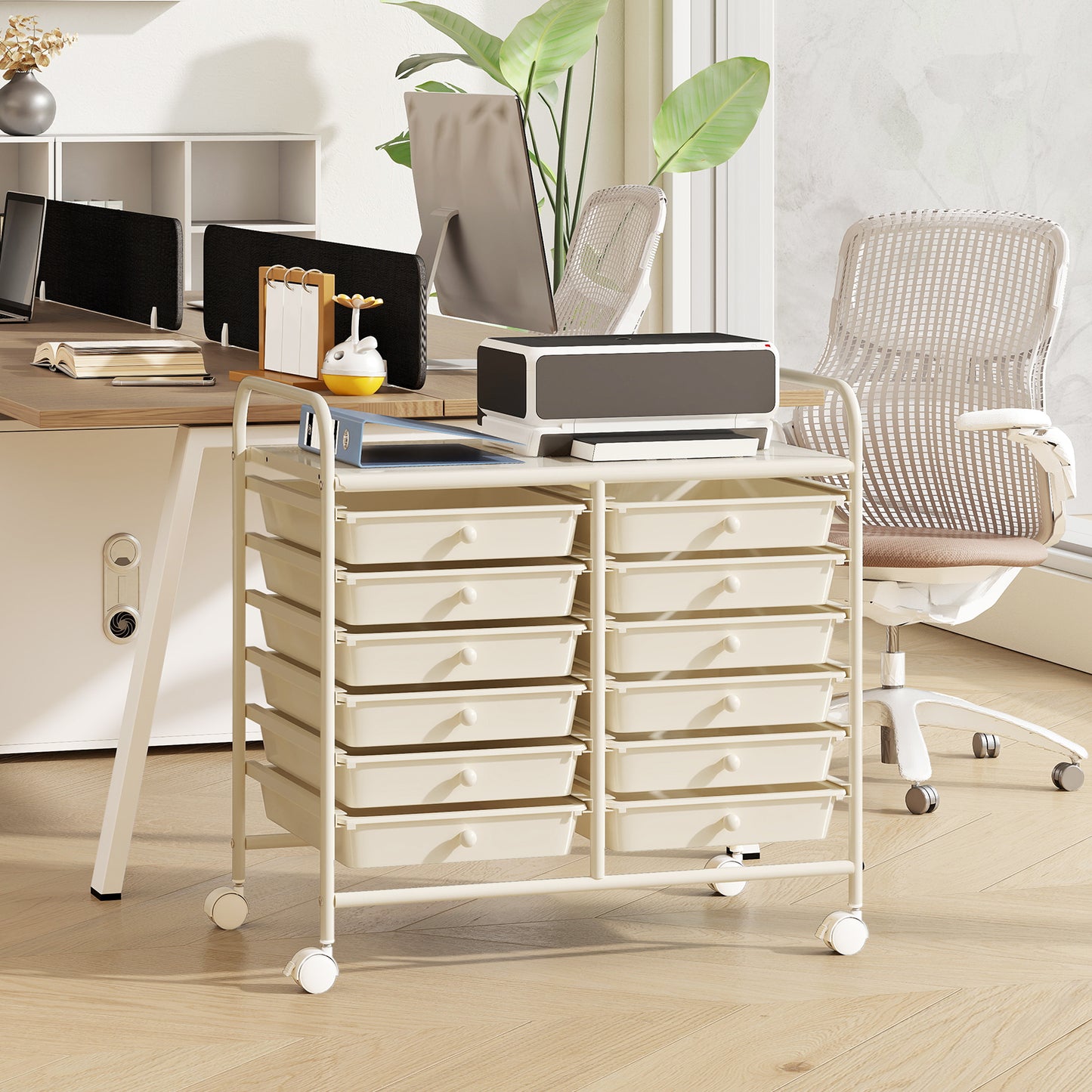 Storage Rolling Cart with Drawer and Large Countertop Side Handles-White