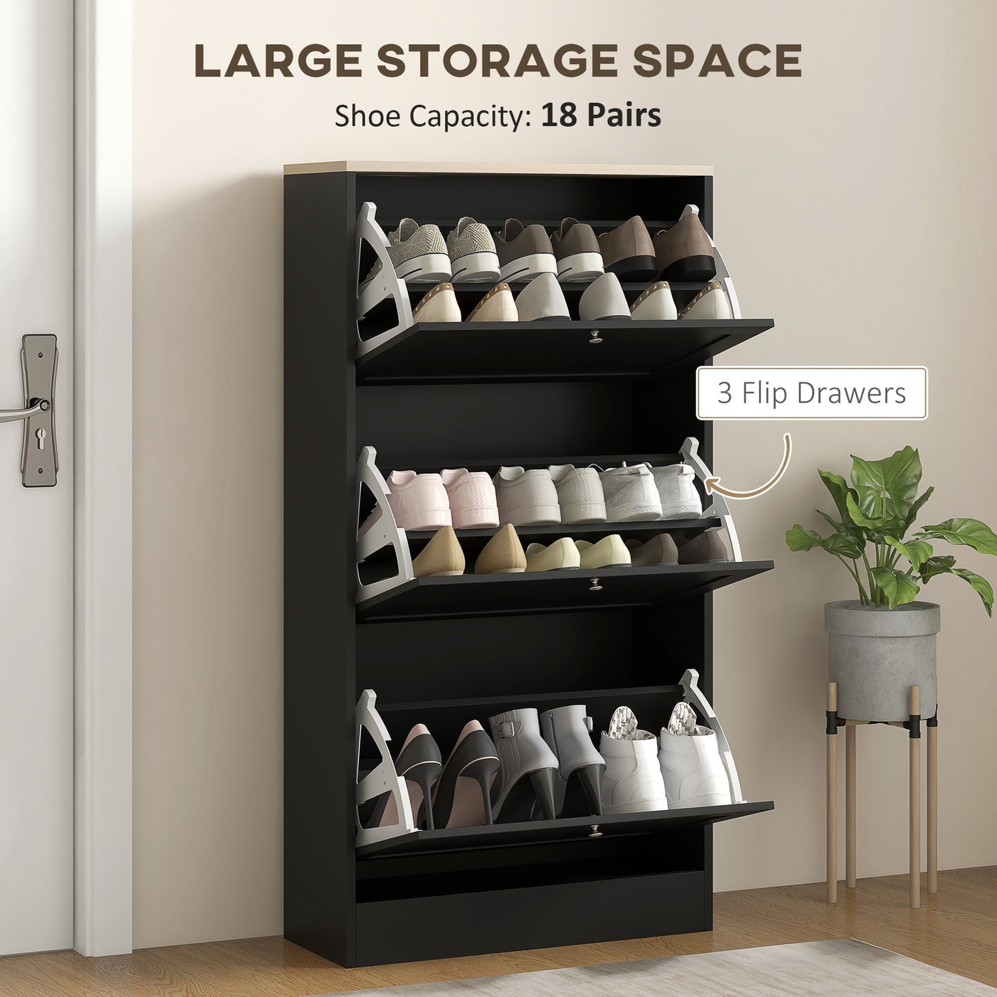 HOMCOM Modern Compact Three-Drawer Shoe Storage Cabinet - Black