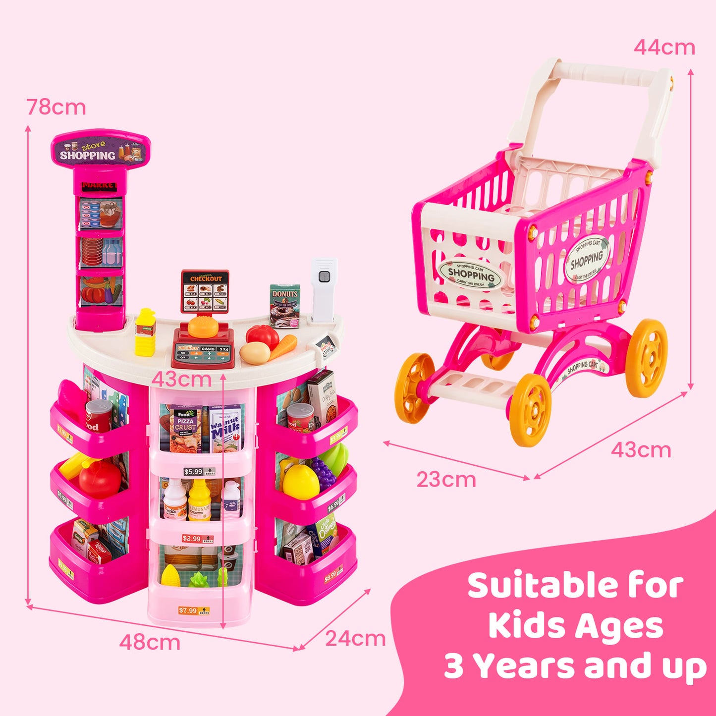 Supermarket Playset for Kids 76 Pieces Pretend Play Grocery Store Set-Pink