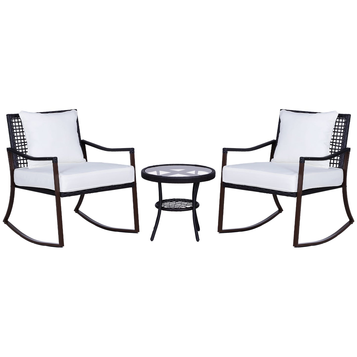 Outsunny Rattan Bistro Set, 3 Pieces Wicker Garden Furniture Set with Rocking Chairs and Round Glass Top Coffee Table, Small Balcony Furniture with Cushions for Outdoor, Porch, Brown