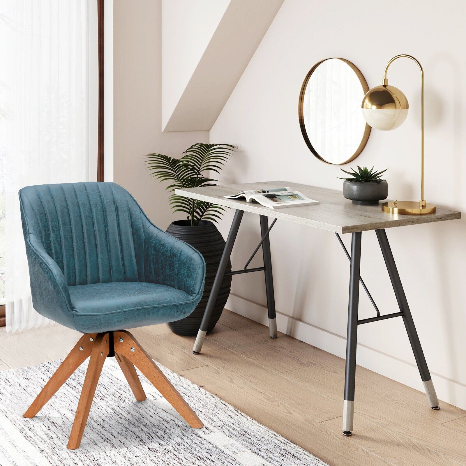 Set of 2 360° Swivel Accent Chair with Solid Wood Legs-Blue