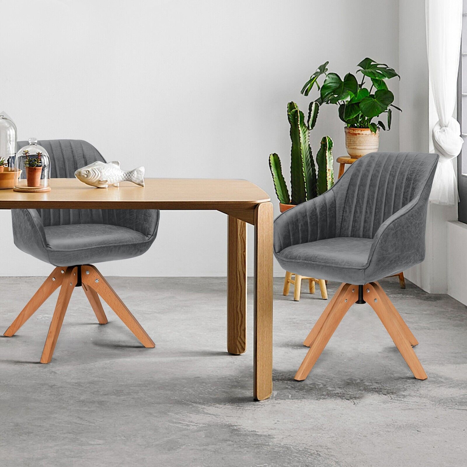 Set of 2 360° Swivel Accent Chair with Solid Wood Legs-Grey