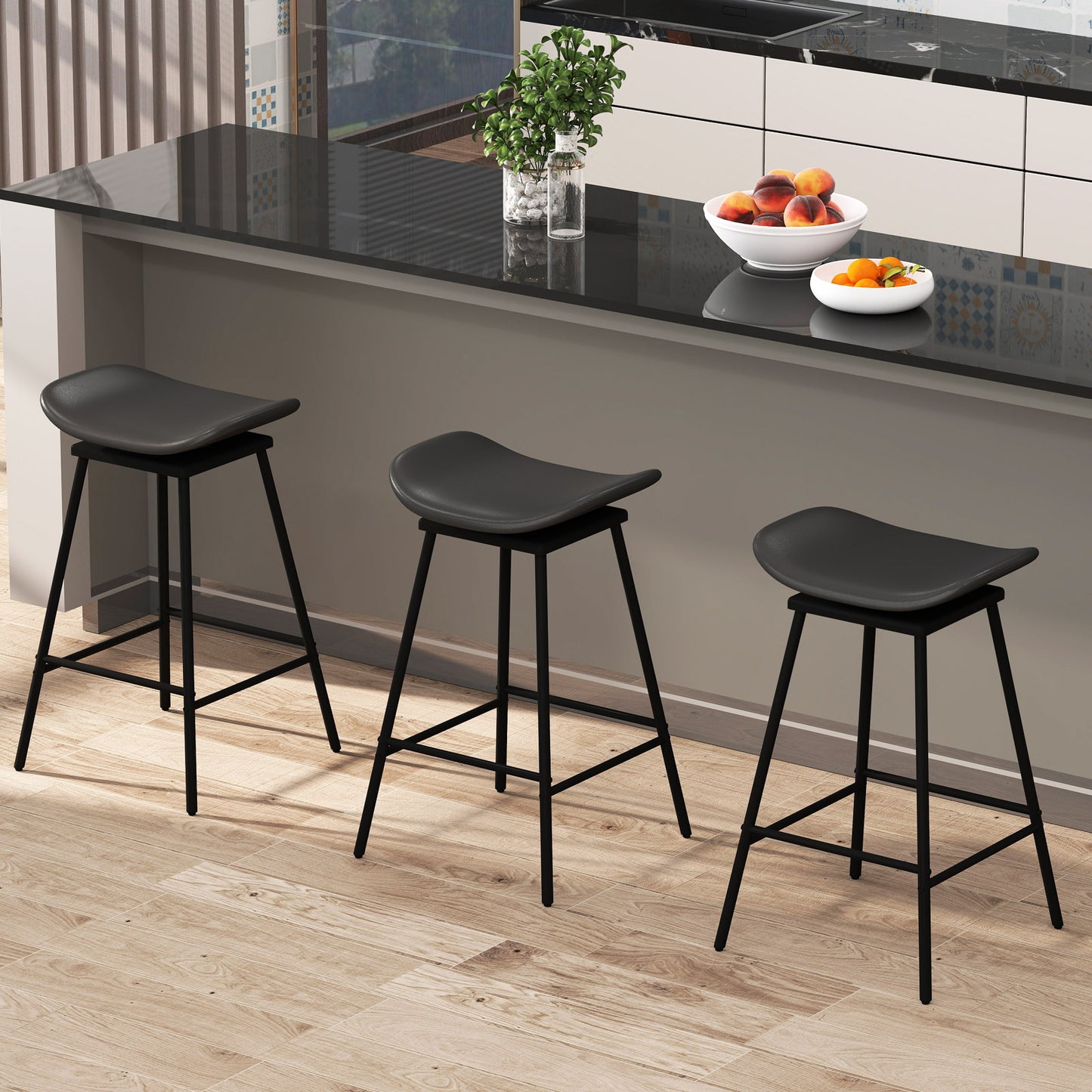 Swivel Barstools Set of 2 with Padded Saddle Seat and Footrest-Black
