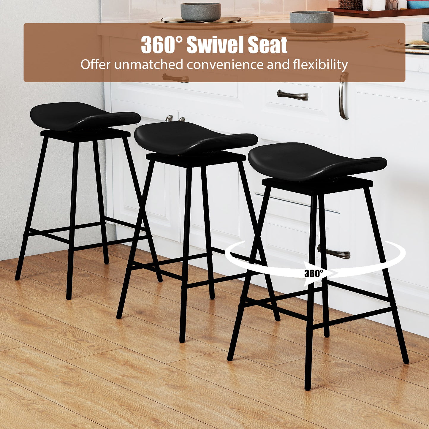 Swivel Barstools Set of 2 with Padded Saddle Seat and Footrest-Black
