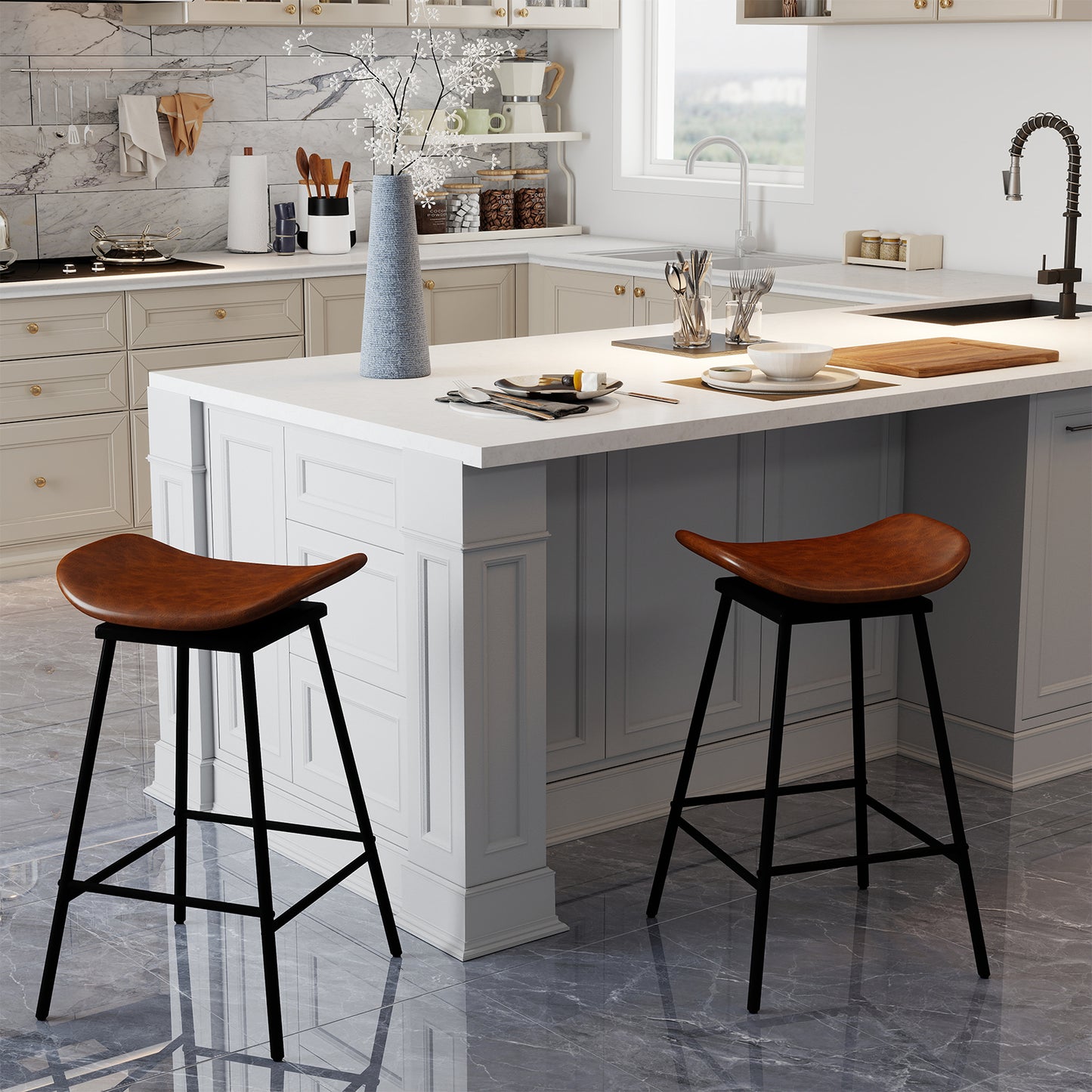 Swivel Barstools Set of 2 with Padded Saddle Seat and Footrest-Brown