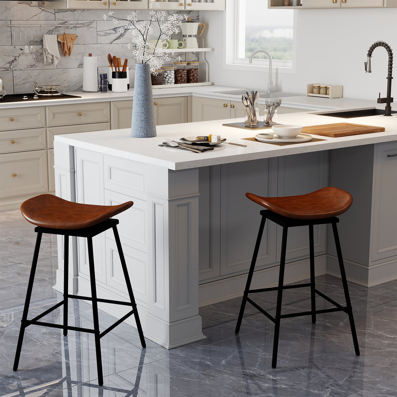 Swivel Barstools Set of 2 with Padded Saddle Seat and Footrest-Brown