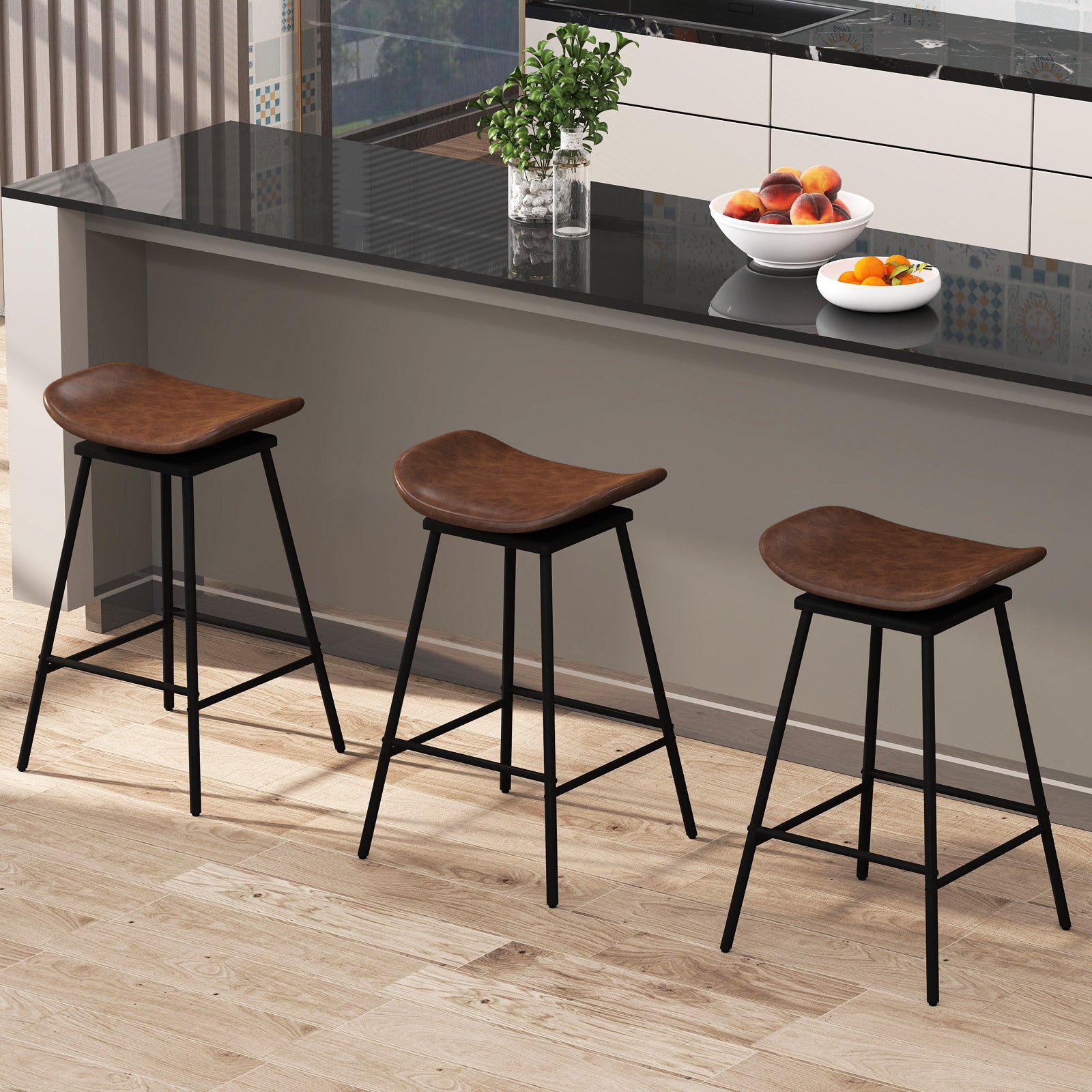 Swivel Barstools Set of 2 with Padded Saddle Seat and Footrest-Brown