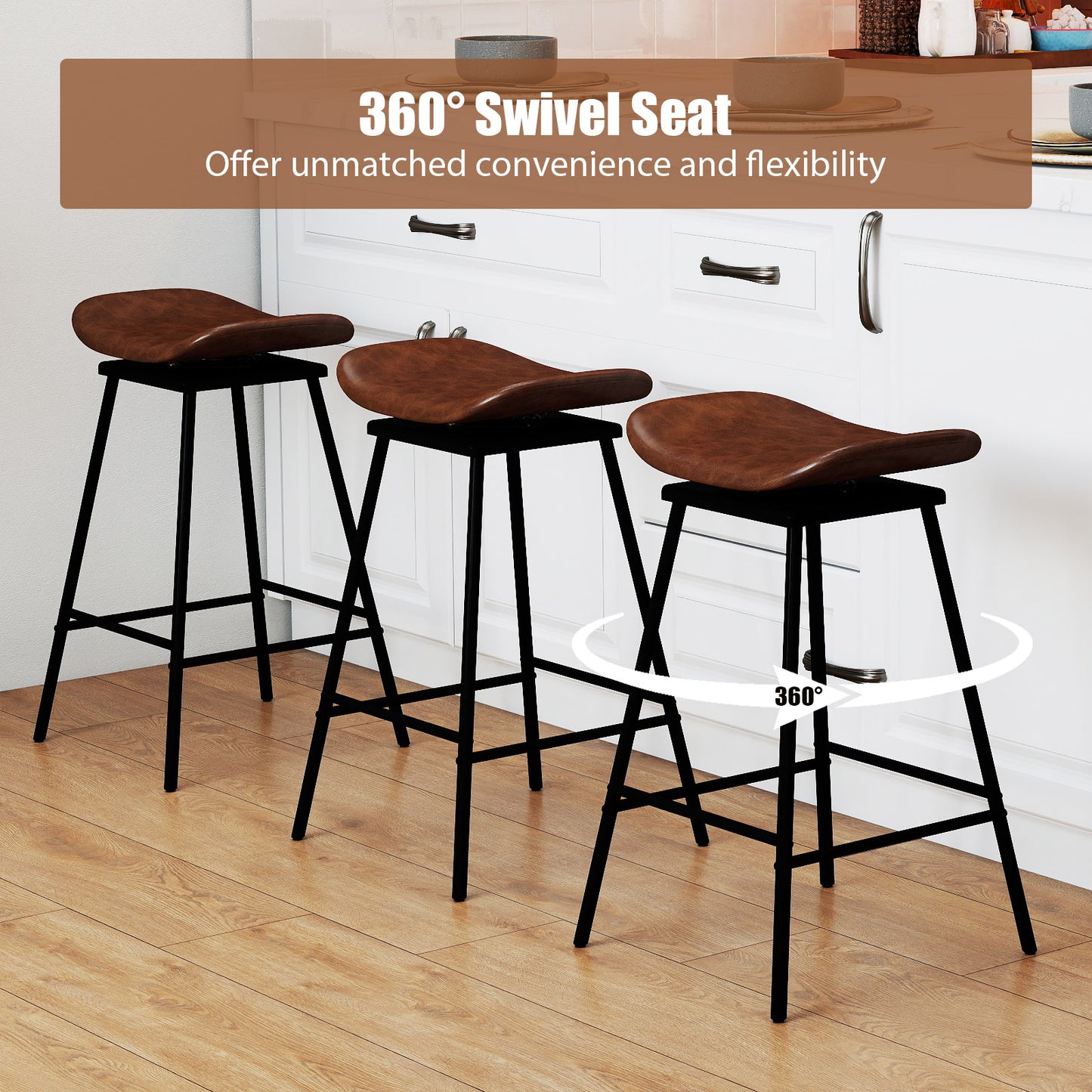 Swivel Barstools Set of 2 with Padded Saddle Seat and Footrest-Brown