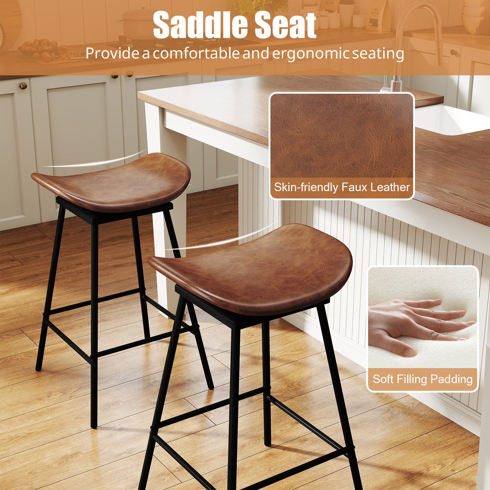 Swivel Barstools Set of 2 with Padded Saddle Seat and Footrest-Brown