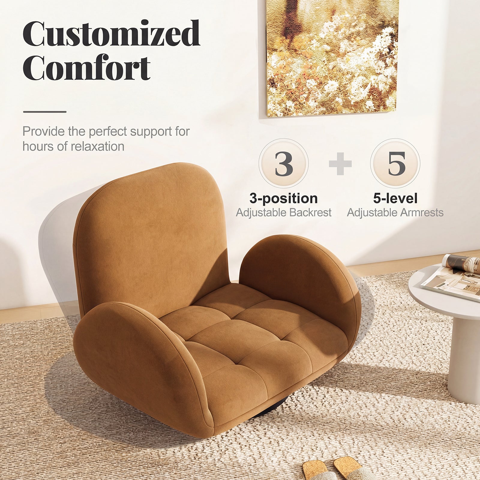 Swivel Floor Chair with Adjustable Backrest and Armrests-Coffee