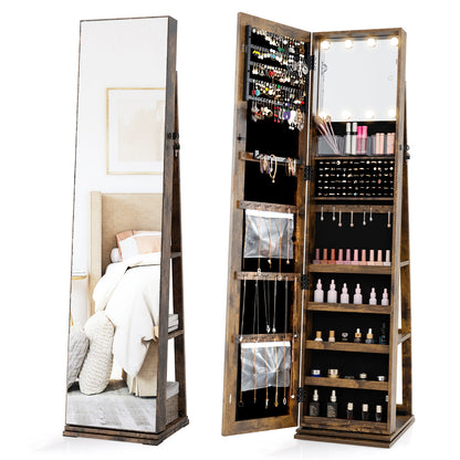 360° Swivel Jewelry Cabinet Full Length Mirror and Back Shelves-Rustic Brown