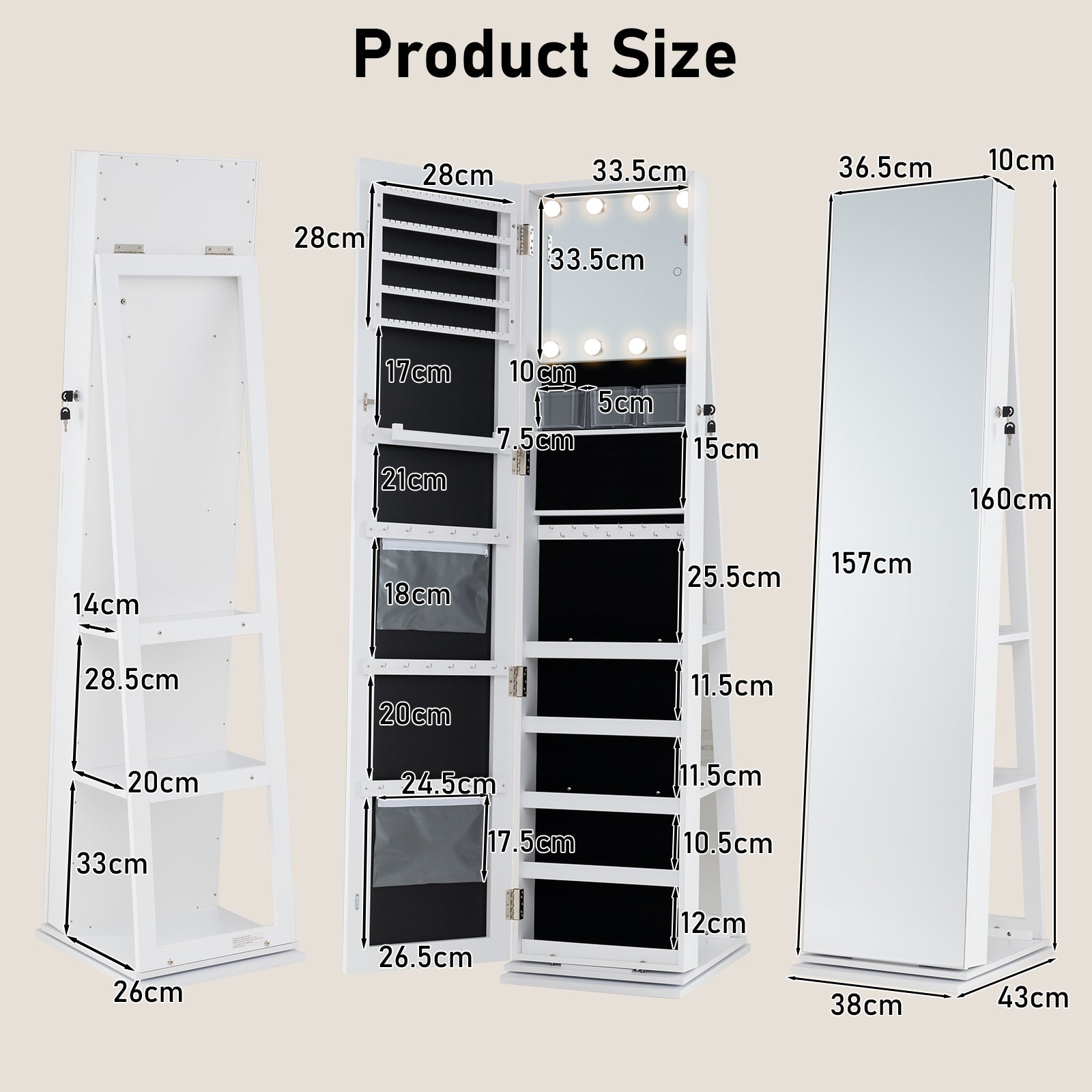 360° Swivel Jewelry Cabinet Full Length Mirror and Back Shelves-White