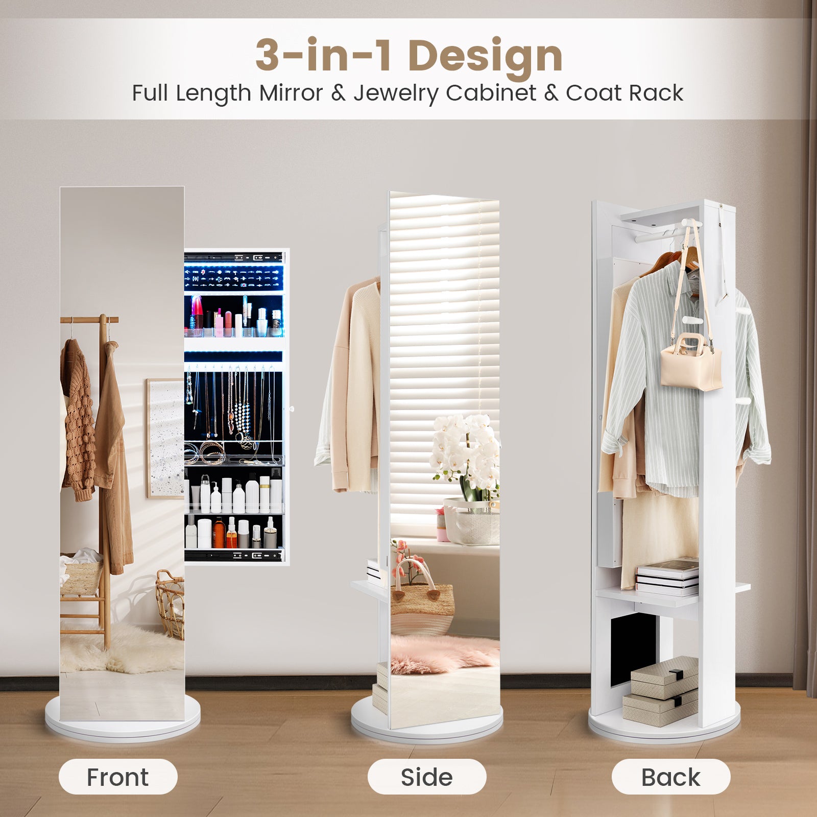 Swivel Jewelry Cabinet with Full-Length Mirror Cosmetics Storage-White