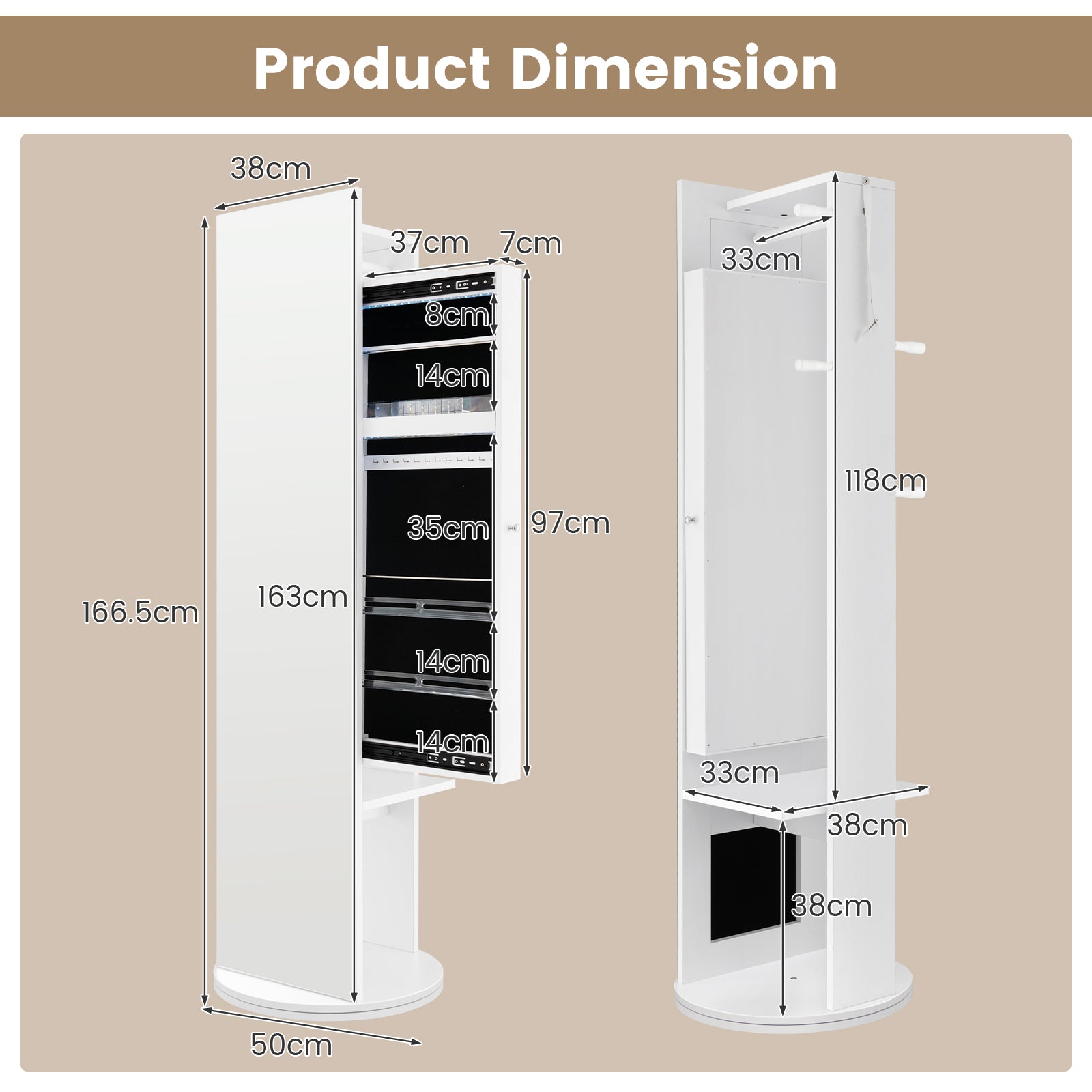 Swivel Jewelry Cabinet with Full-Length Mirror Cosmetics Storage-White