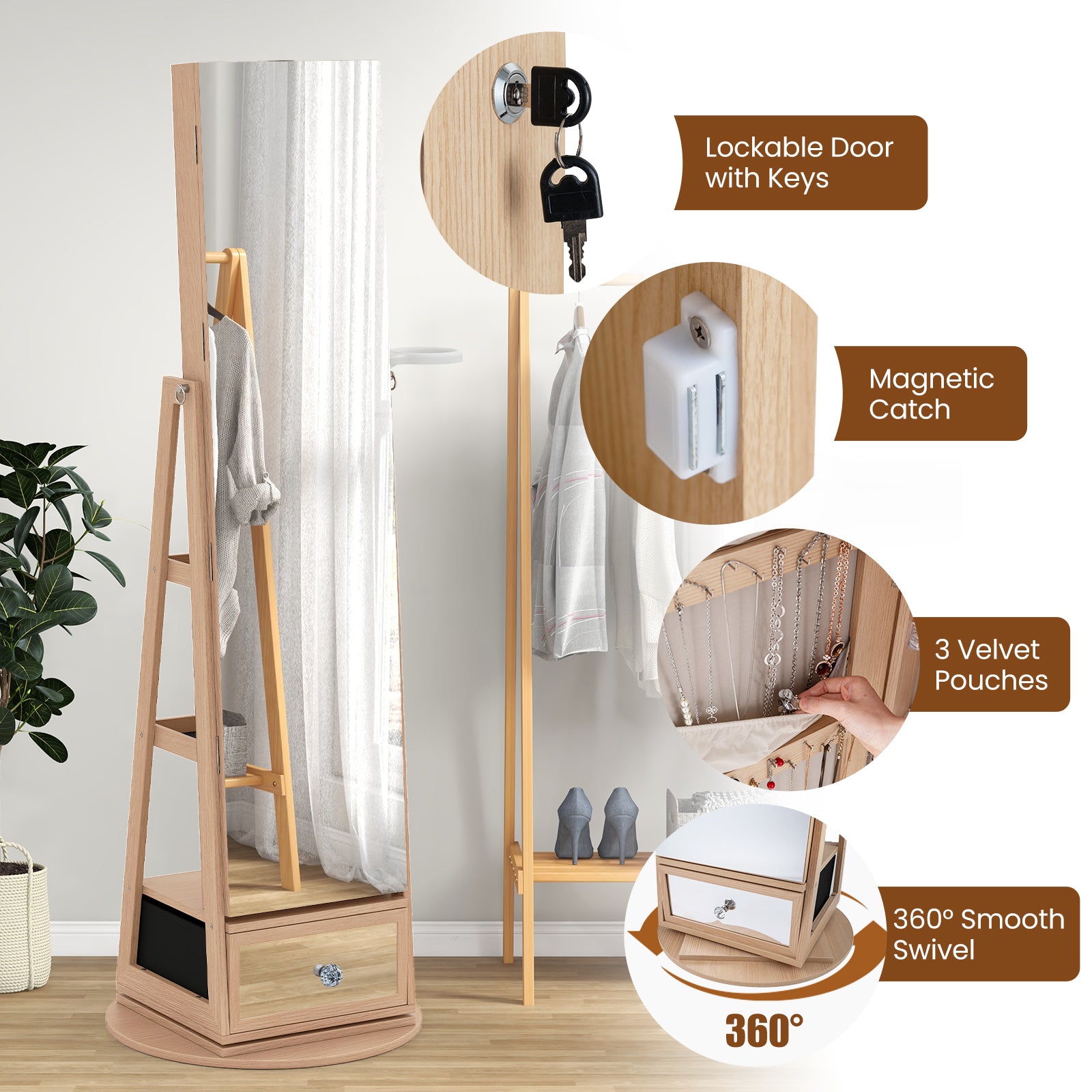 360° Swivel Lockable Jewelry Armoire Cabinet with Full-Length Mirror-Natural