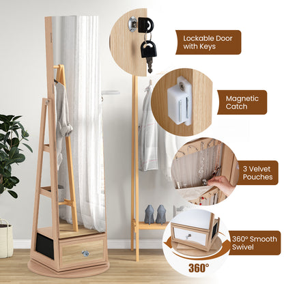 360° Swivel Lockable Jewelry Armoire Cabinet with Full-Length Mirror-Natural