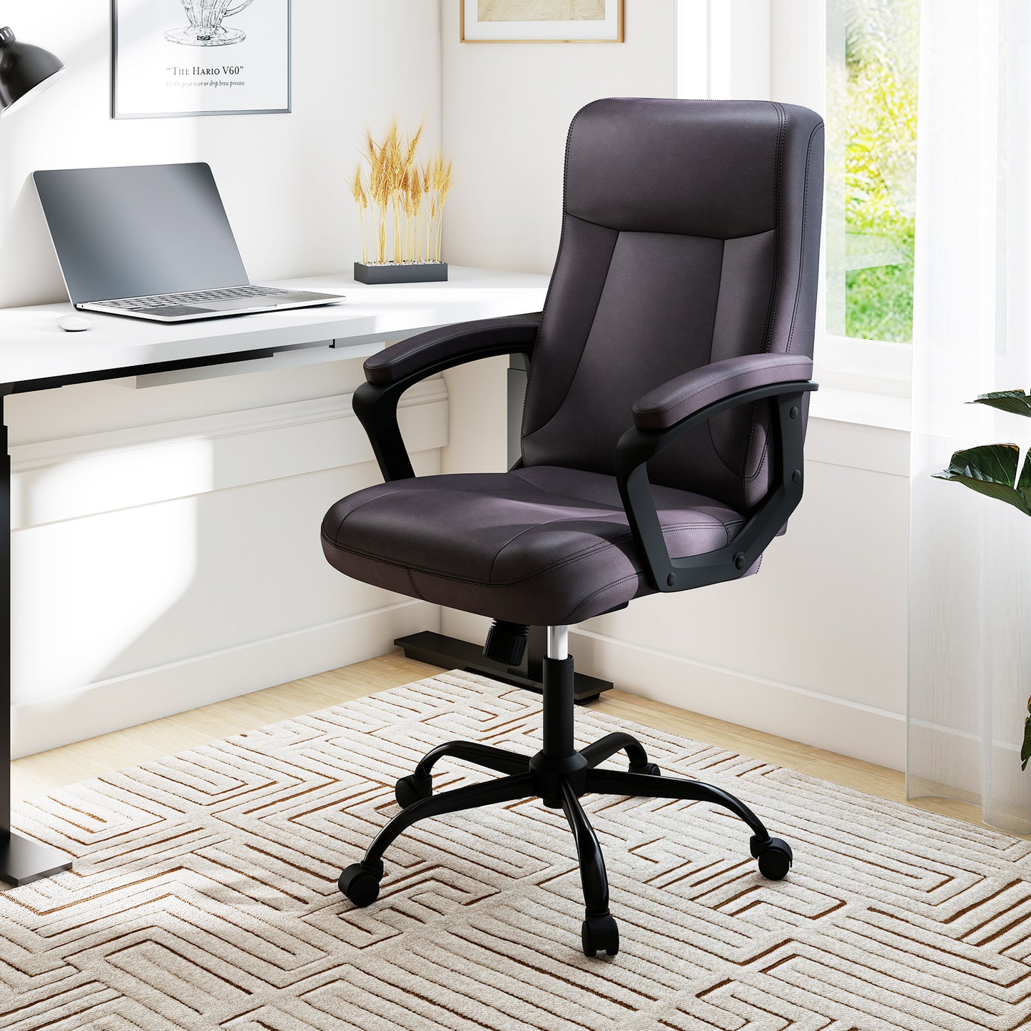 360° Swivel Task Chair with High Back and Built-in Armrests-Brown