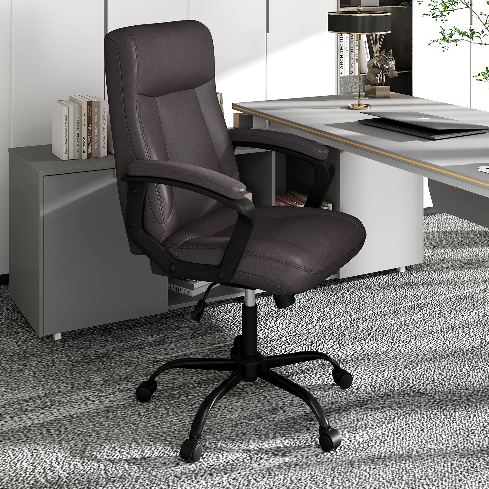 360° Swivel Task Chair with High Back and Built-in Armrests-Brown