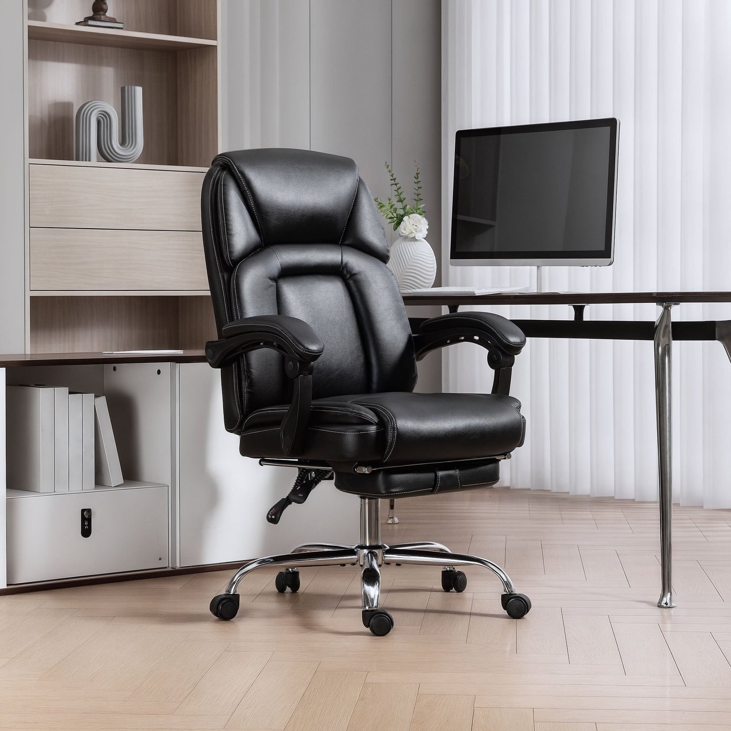 HOMCOM Faux Leather Reclining Office Chair, with Footrest - Black
