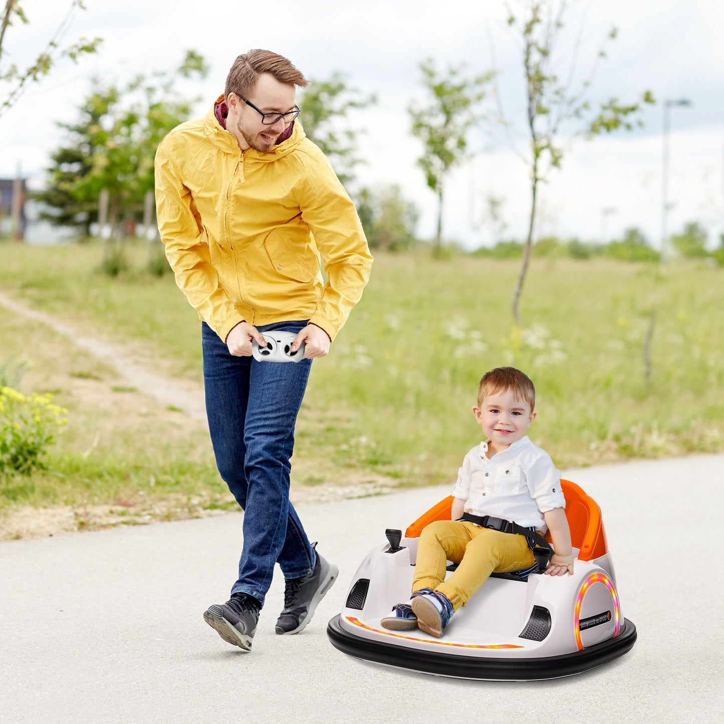 AIYAPLAY 360 Rotation Kids Bumper Car, 12V Waltzer Car with Remote Control, Dual Joysticks, Music Lights, Orange