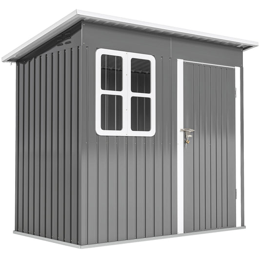 Outsunny 7 x 4ft Eco-friendly Galvanised Steel Garden Shed, with Lock and Gloves, 40kg/ã¡ Snow Capacity - Grey