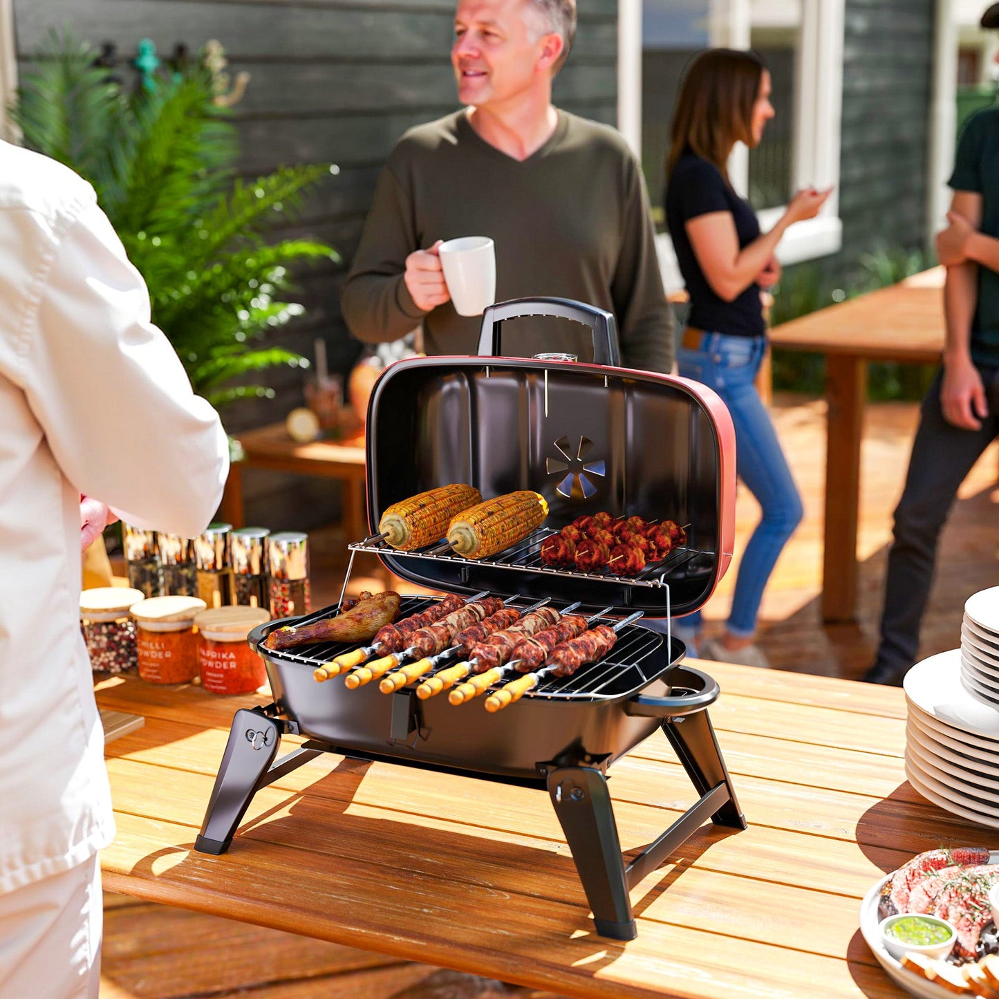 Outsunny Charcoal Barbecue Grill Folding BBQ Grill with 1232 cmÂ² Cooking Area, Adjustable Vent, Thermometer, Handles for Camping Picnic, Red