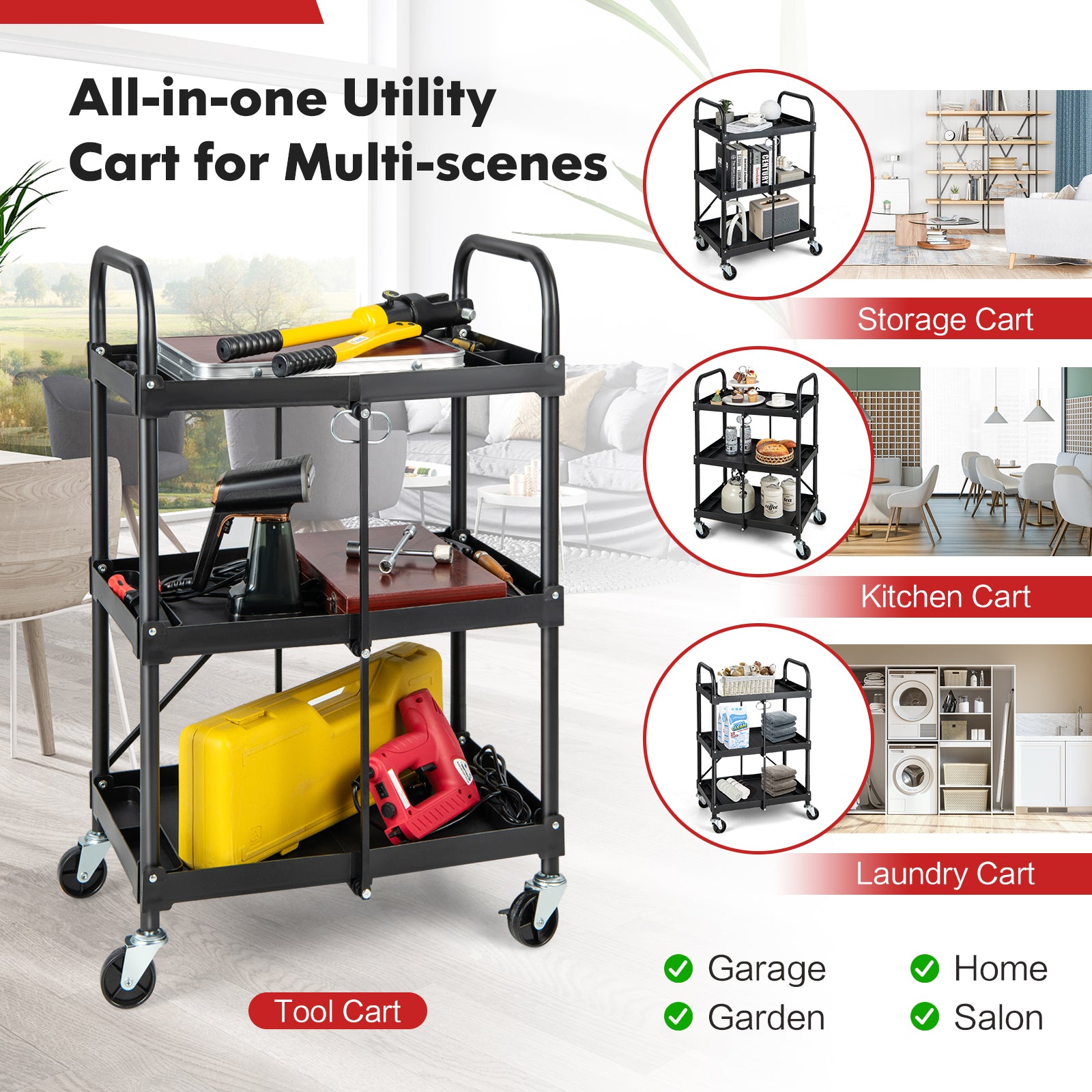 3 Tiers Folding Tool Trolley with Lockable Wheels and Tool Grooves