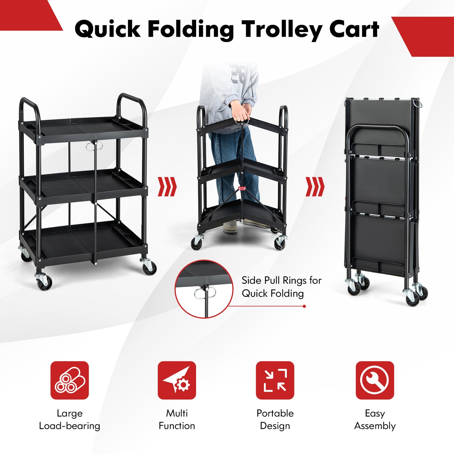 3 Tiers Folding Tool Trolley with Lockable Wheels and Tool Grooves