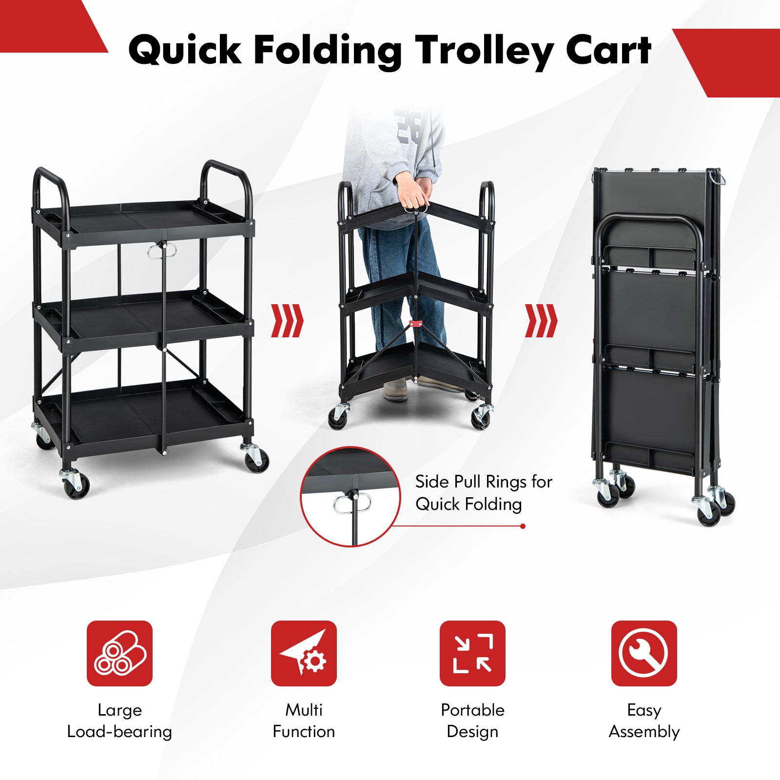 3 Tiers Folding Tool Trolley with Lockable Wheels and Tool Grooves