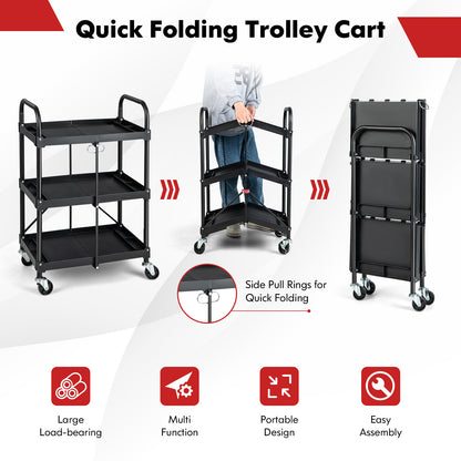 3 Tiers Folding Tool Trolley with Lockable Wheels and Tool Grooves