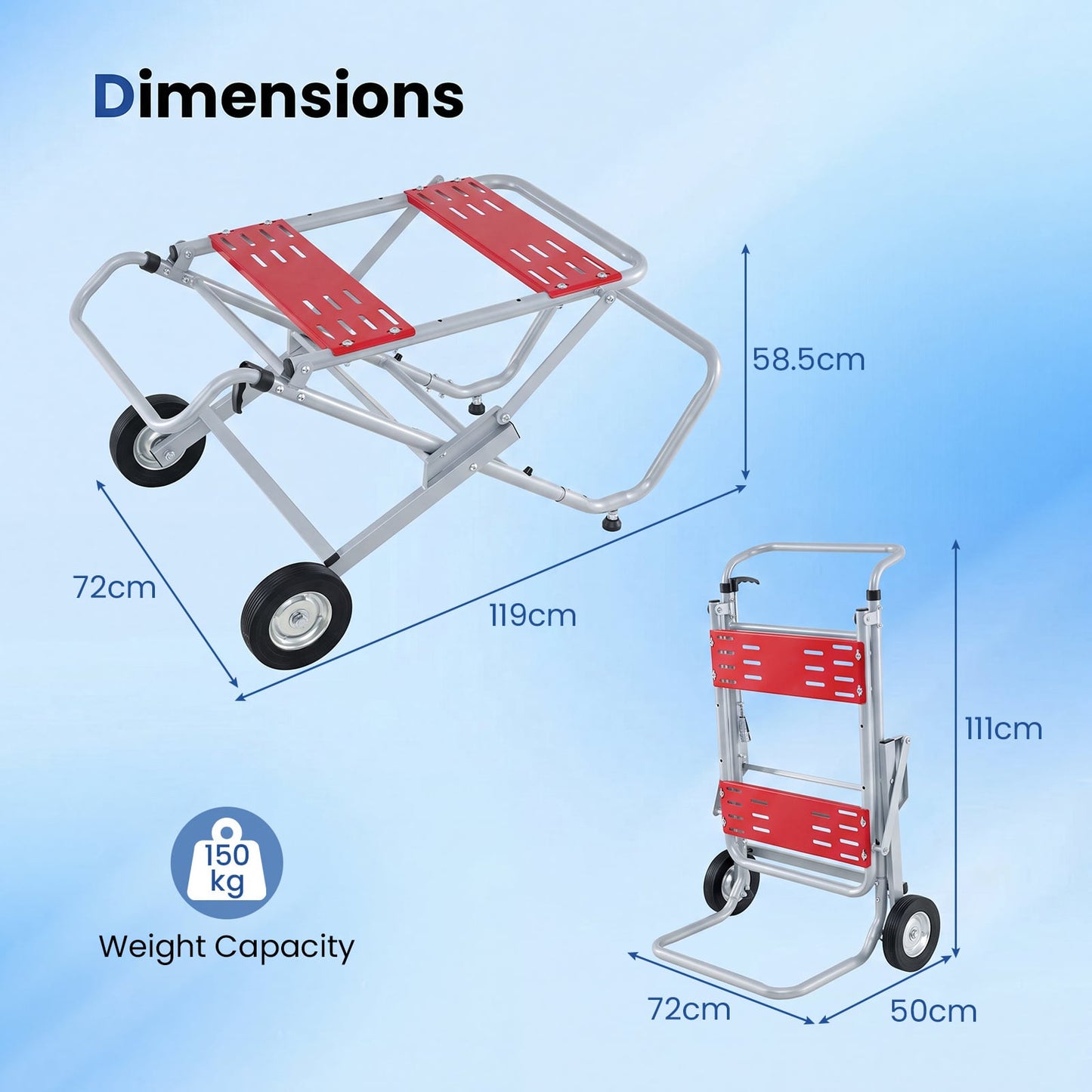Rolling Foldable Heavy Duty Metal Base with 20cm Rubber Wheels-Red
