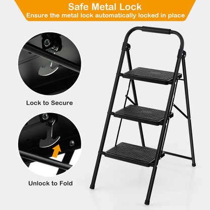 Folding Portable 3 Step Ladder with Anti-Slip Pedal and Handle-Black
