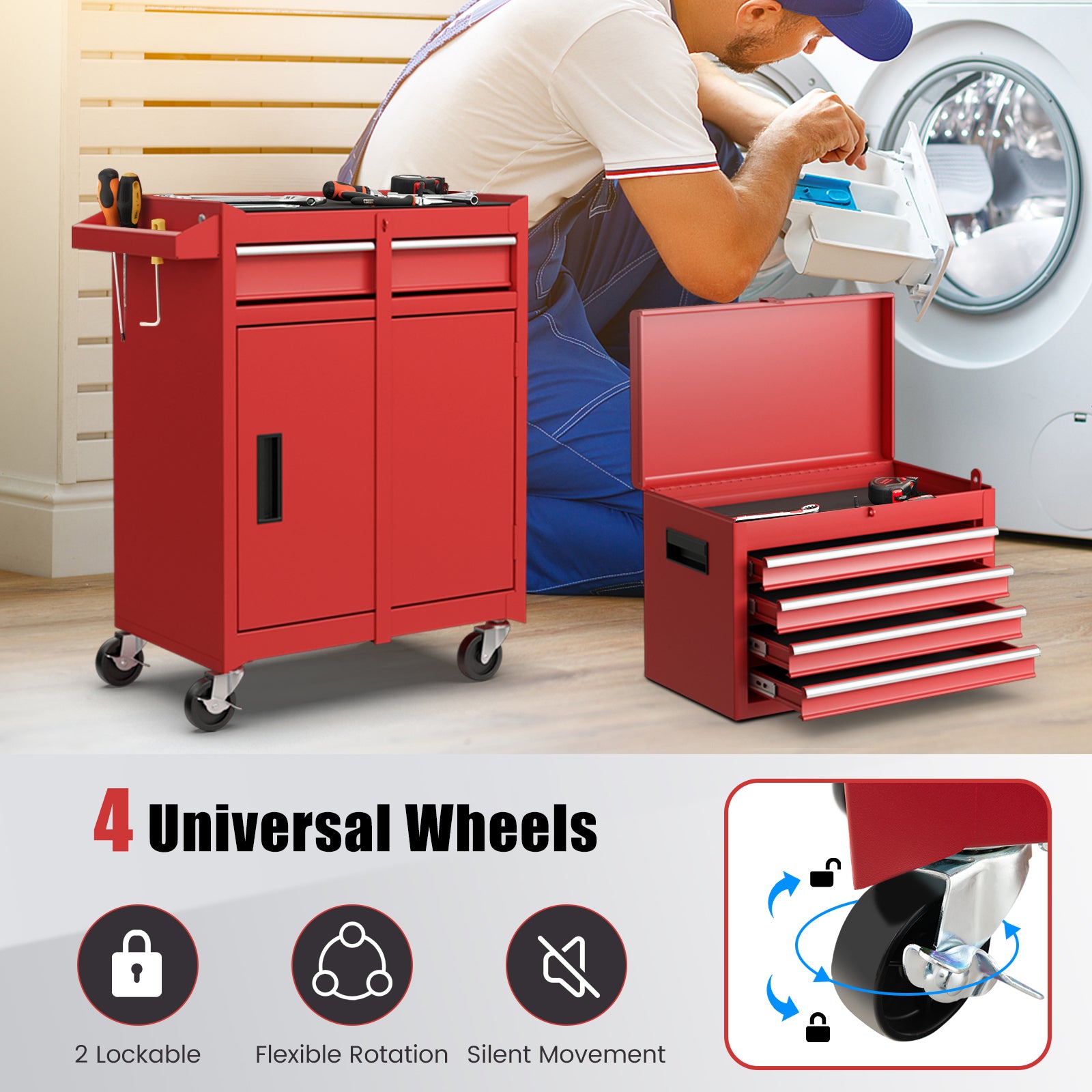 High Capacity Tool Storage Cabinet with Lockable Wheels-Red