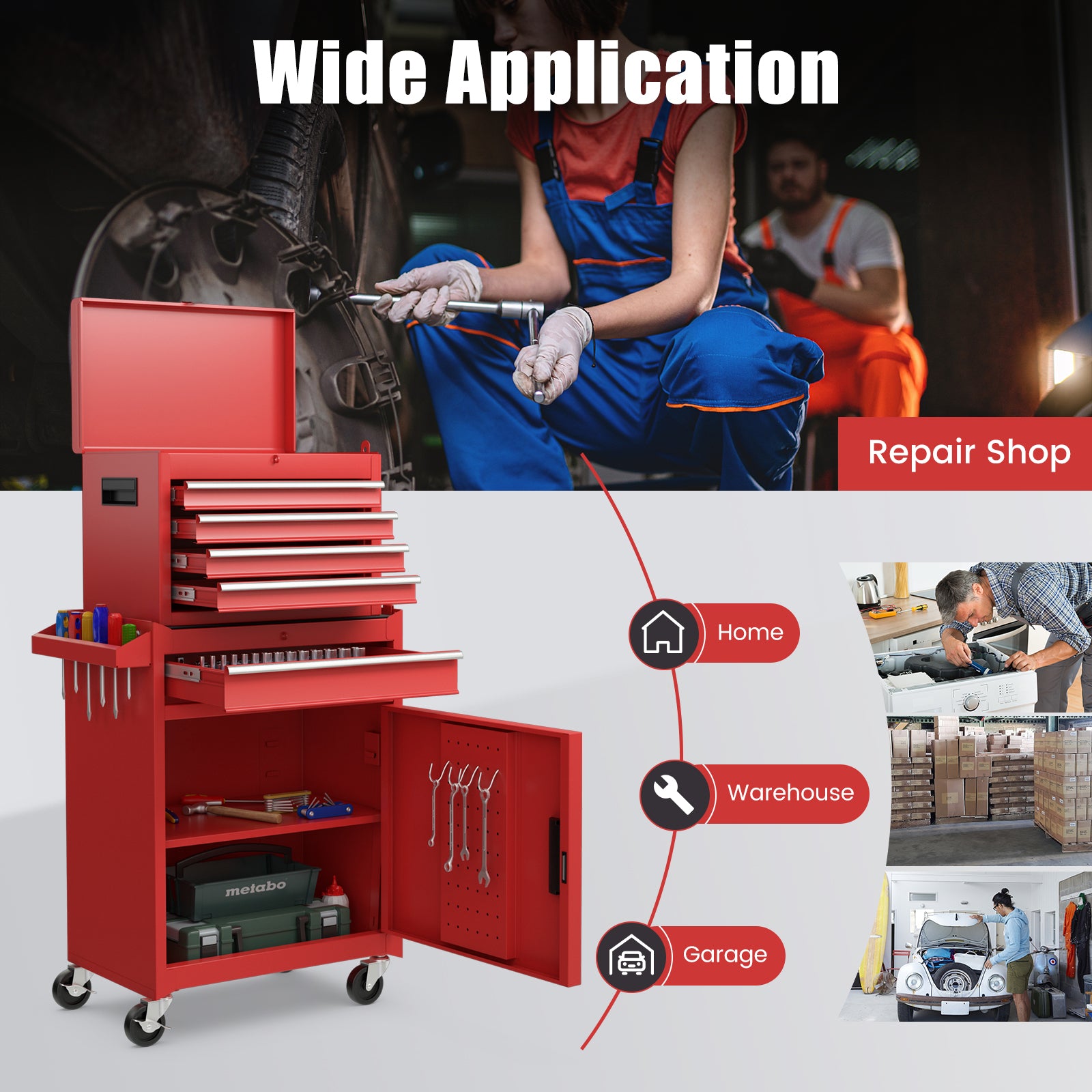 High Capacity Tool Storage Cabinet with Lockable Wheels-Red