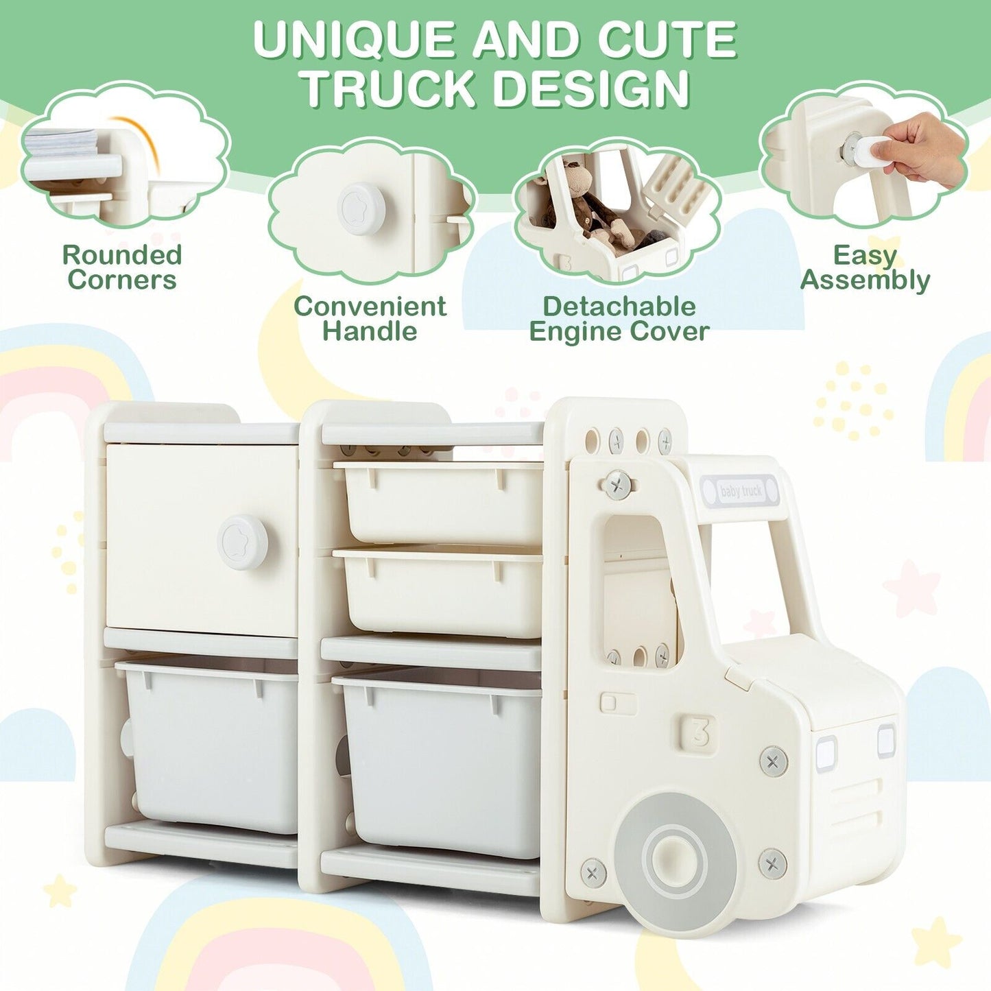 Kids Storage Units with 2 Plastic Bins and 2 Drawers-Beige