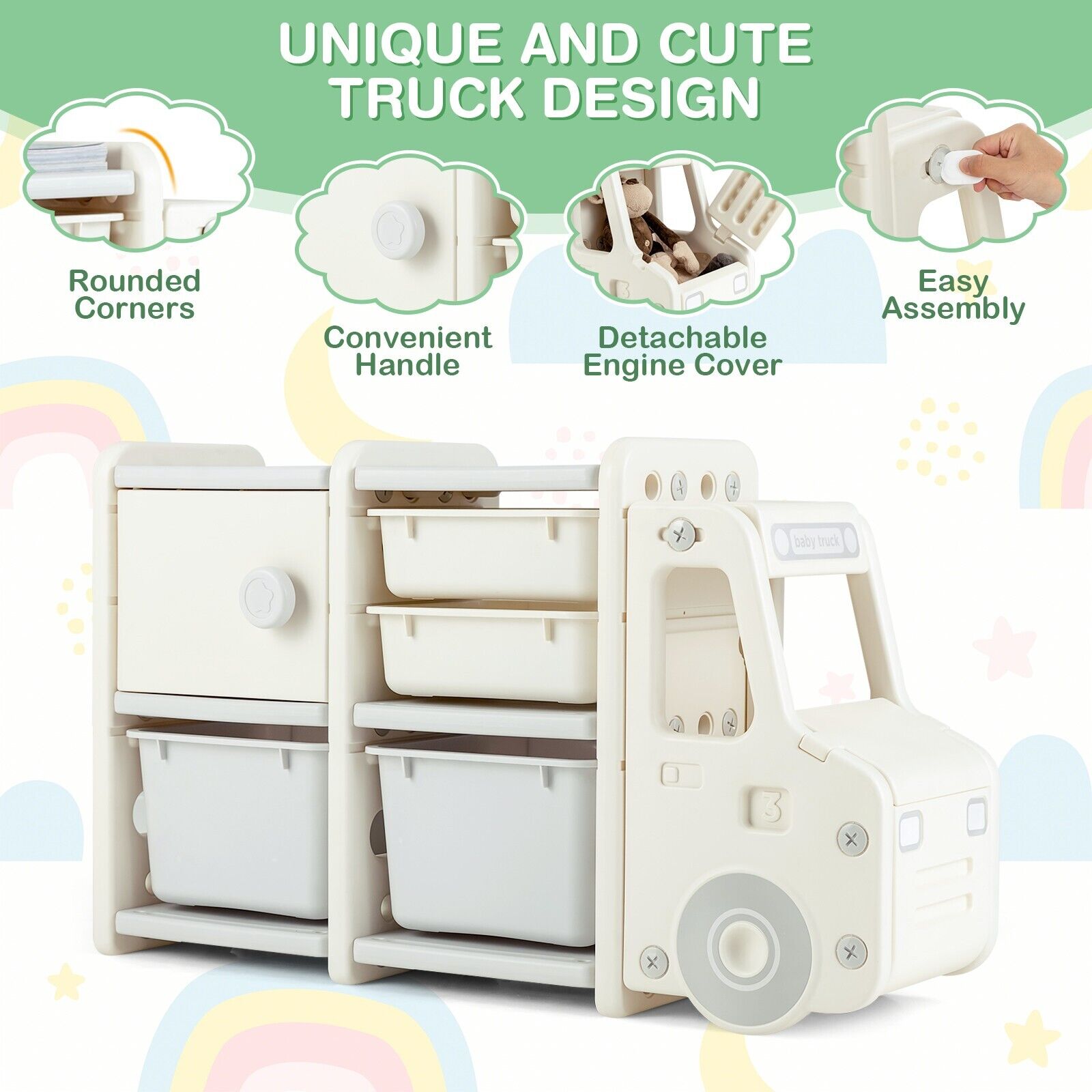 Kids Storage Units with 2 Plastic Bins and 2 Drawers-Beige