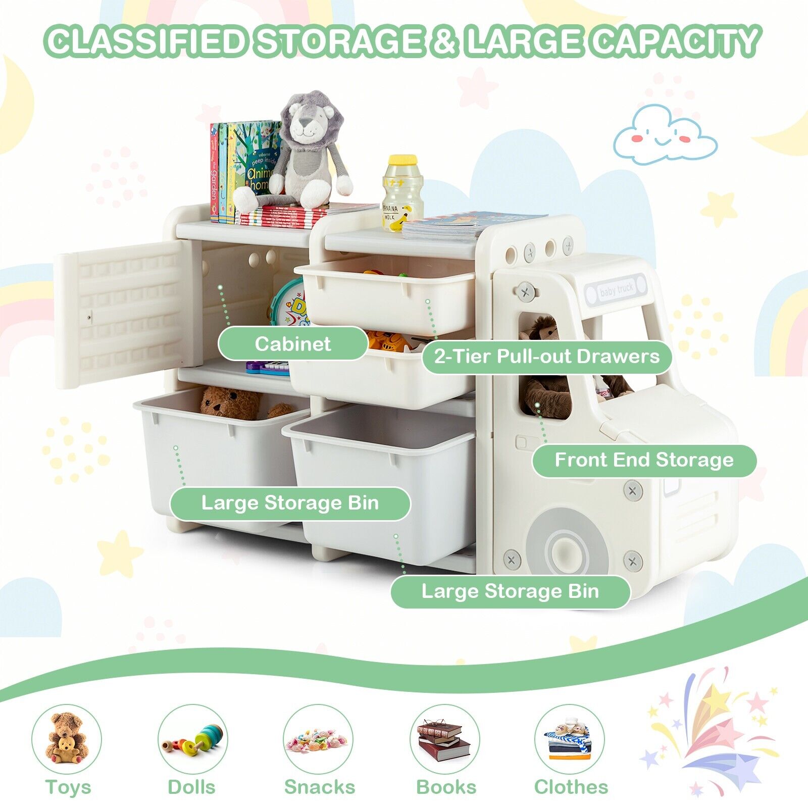Kids Storage Units with 2 Plastic Bins and 2 Drawers-Beige