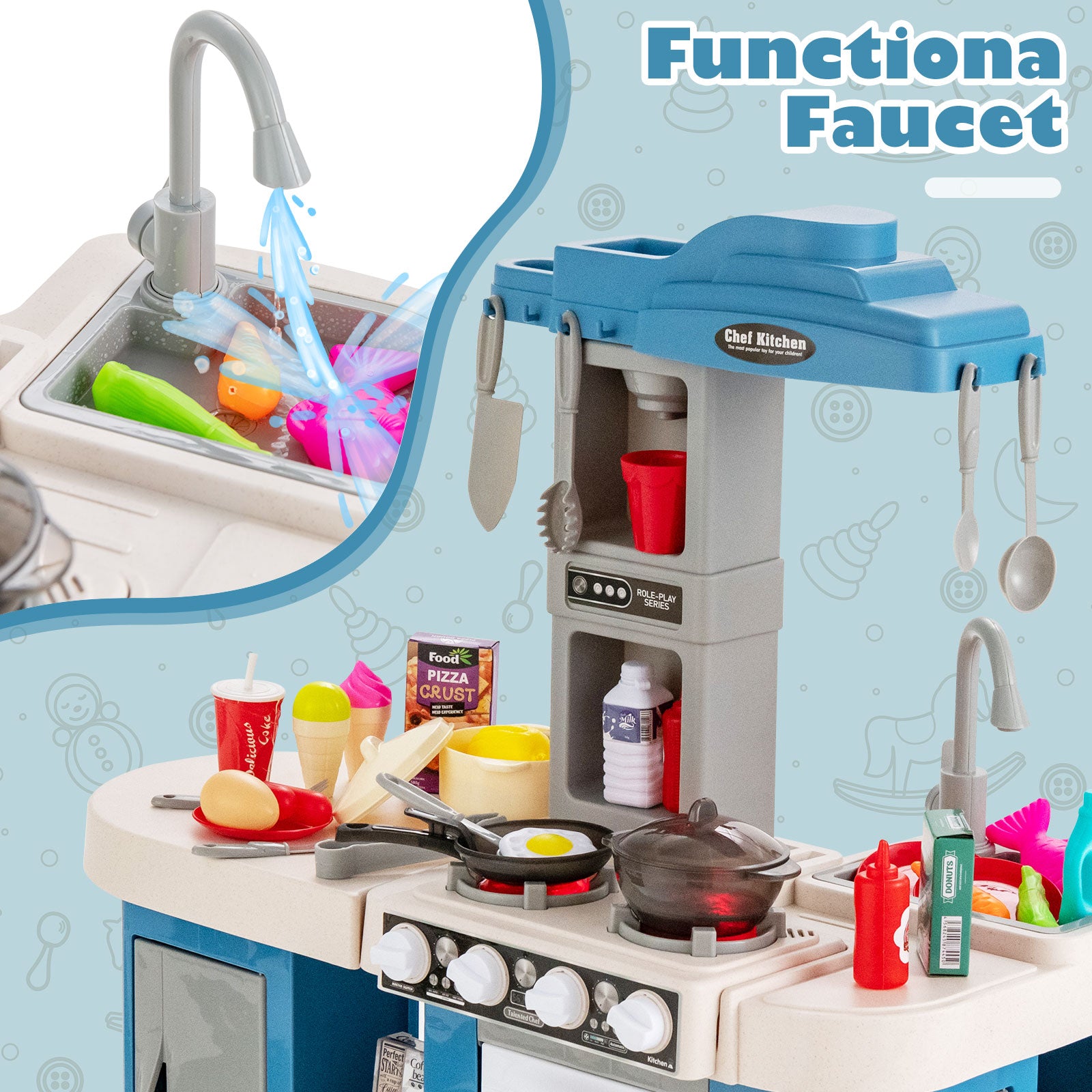 Kids Kitchen Playset with 67 Pieces Accessories and Realistic Lights-Blue