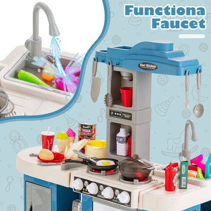 Kids Kitchen Playset with 67 Pieces Accessories and Realistic Lights-Blue