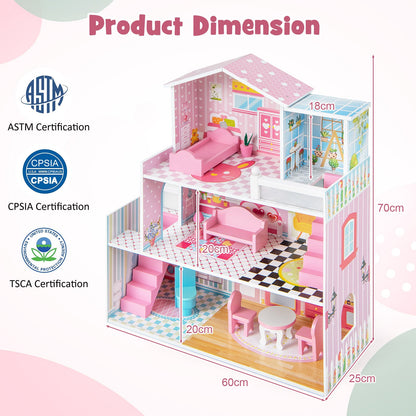 Kids Wooden Dollhouse DIY Pretend for Toddlers 3-7 Years Old-Pink