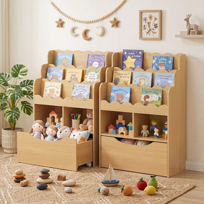 5-Tier Kids Bookshelf with Shelves & Rolling Drawer for Nursery Playroom-Natural