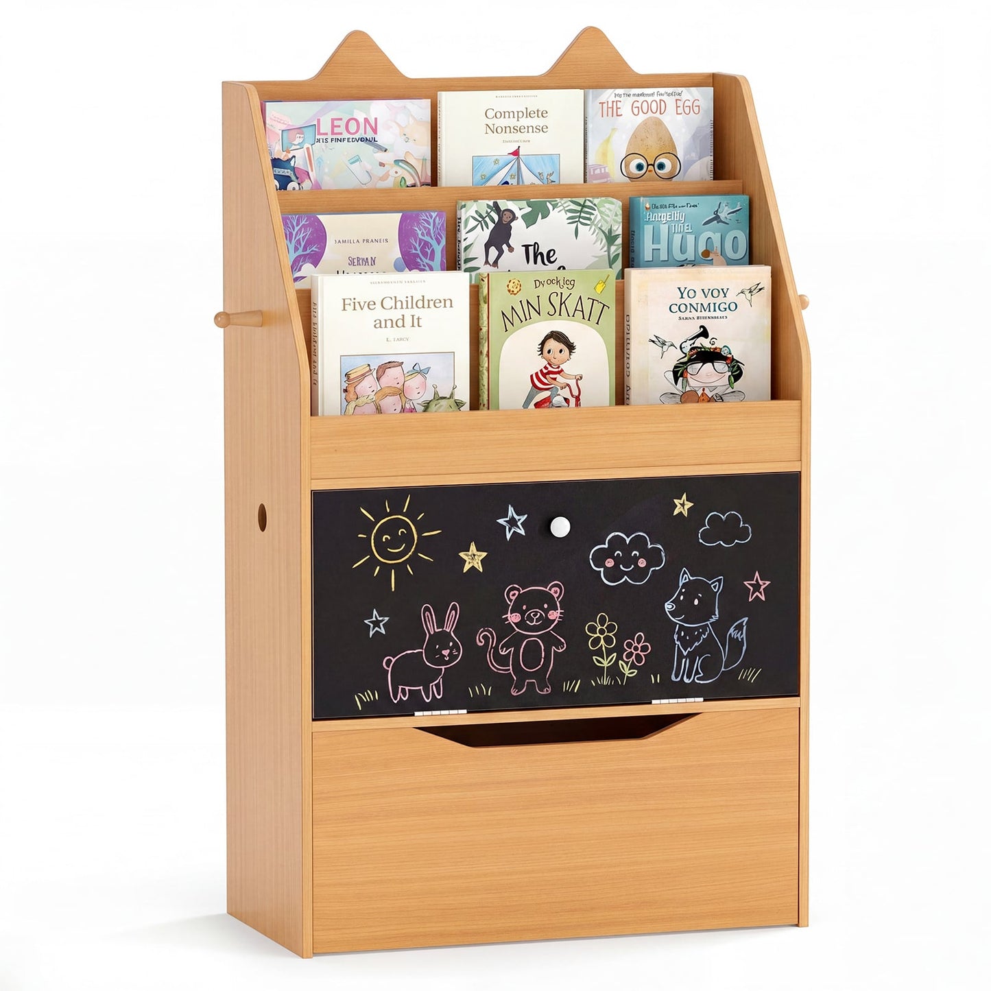 Wooden Kids Bookshelf with Movable Drawer & Chalkboard for Playroom Nursery-Natural